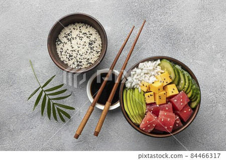 arrangement delicious poke bowl. High quality photo arrangement delicious poke bowl. High quality photo 84466317