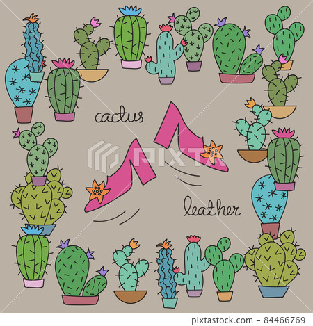 Cactus leather. Pink shoes surrounded by different Cactus plants on grey background. Cactus leather. Pink shoes surrounded by different Cactus plants on grey background. 84466769