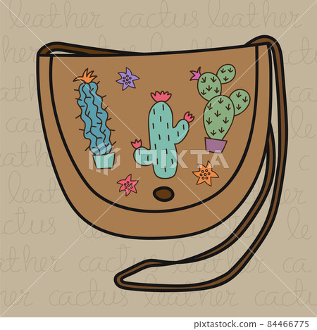 Cactus leather. Hand drawn handbag decorated by Cactus plants on beige background. Eco-Friendly product. 84466775
