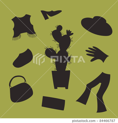 Cactus leather. Silhouette of cactus plant and leather goods on green background. New Eco-Friendly Fabric. Cactus leather. Silhouette of cactus plant and leather goods on green background. New Eco-Friendly Fabric. 84466787