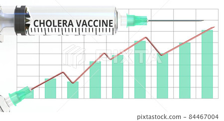 Syringe with CHOLERA VACCINE text and conceptual rising graph. 3D rendering 84467004
