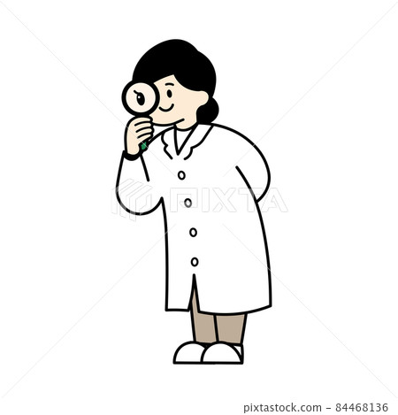 A woman in a white coat looking through a magnifying glass Color 84468136