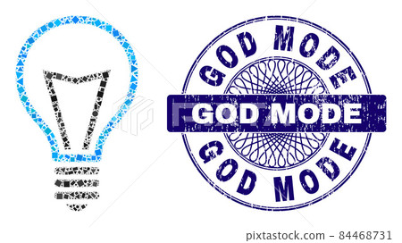 Scratched God Mode Badge and Geometric Lamp Bulb Mosaic Scratched God Mode Badge and Geometric Lamp Bulb Mosaic 84468731