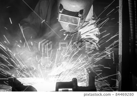 Industrial steel welder in factory, black&White 84469280