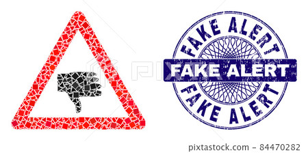 Textured Fake Alert Stamp Seal and Geometric Thumb Down Warning Mosaic 84470282