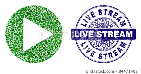 Scratched Live Stream Stamp Seal and Geometric Play Button Mosaic Scratched Live Stream Stamp Seal and Geometric Play Button Mosaic 84471402