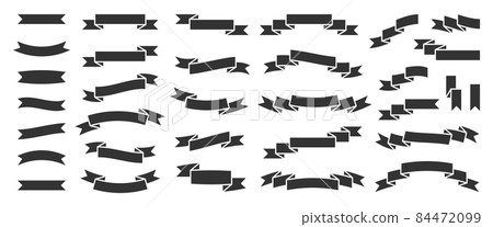 Ribbon banner flag festive attribute black flat set. Sale discount important event. Flexible blank form fill out. Heraldic element signboard invitation shop. Winner presentation icon isolated white 84472099