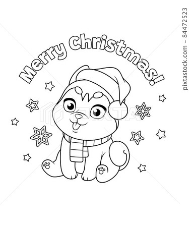 Cute husky puppy in Christmas Santa Claus hat. Cartoon vector coloring illustration. Cute husky puppy in Christmas Santa Claus hat. Cartoon vector coloring illustration. 84472523