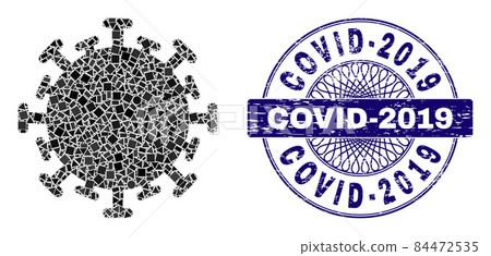 Scratched Covid-2019 Badge and Geometric Contagious Virus Mosaic Scratched Covid-2019 Badge and Geometric Contagious Virus Mosaic 84472535