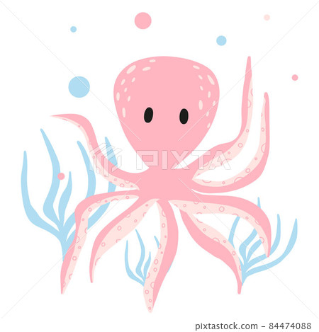 Childrens illustration of cute octopus with seaweed. Hand-drawn pink octopus in cartoon style. Suitable for prints, posters. postcards. 84474088