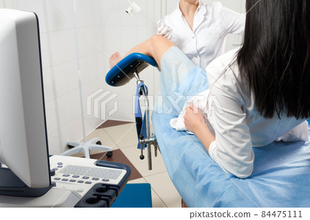 Cropped panorama of gynecologist examining a patient who is sitting in a gynecological chair. Female health concept. Cropped panorama of gynecologist examining a patient who is sitting in a gynecological chair. Female health concept. 84475111