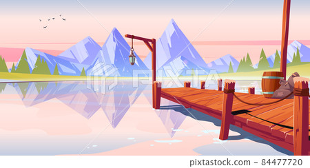 Wooden pier on lake or pond morning landscape Wooden pier on lake or pond morning landscape 84477720