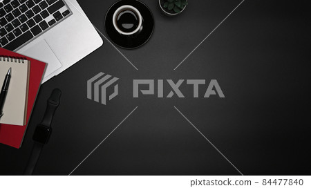 Modern workplace with laptop computer, smart watch, notebook and coffee cup. Modern workplace with laptop computer, smart watch, notebook and coffee cup. 84477840