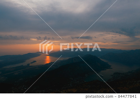 View from Mount Lovcen to the sunset over the bay. Montenegro 84477841