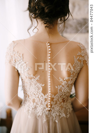 Back of the bride in a lace dress with a beautiful hairstyle Back of the bride in a lace dress with a beautiful hairstyle 84477843