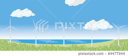 Illustration of blue sky, sea and wind power plant Clean energy Global warming prevention carbon neutral SDGs Illustration of blue sky, sea and wind power plant Clean energy Global warming prevention carbon neutral SDGs 84477844