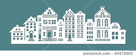 Silhouette of a city street. Facades of various buildings, houses cottages, townhouses. Many floors, attic, roof, chimney, windows, door. Vector template for plotter laser cutting of paper, wood, cnc. 84478905