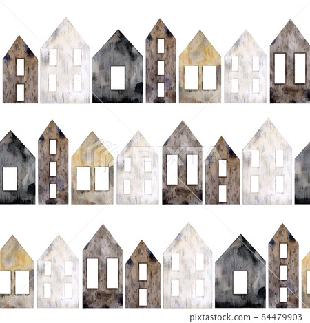 Seamless pattern of scandinavian ho0uses on white. Background with hand drawn building in nordic minimal style 84479903
