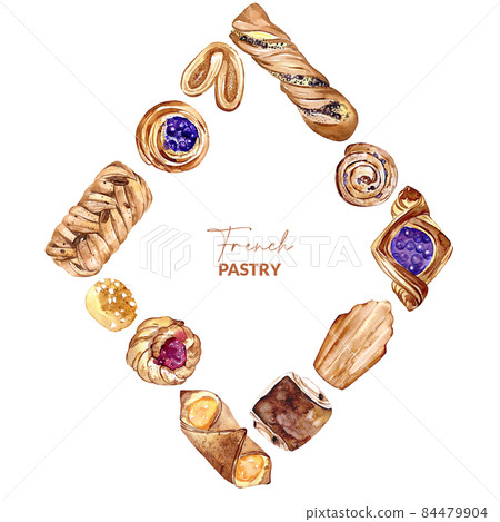 Boarder or frame of watercolor french pastry. Hand drawn illustration of bun, croissant, madeleine, bread. Template of baked food. 84479904