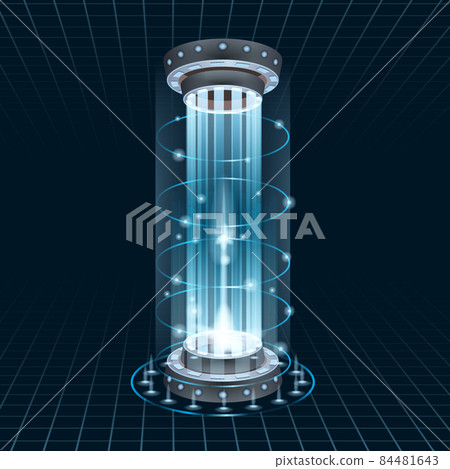 Futuristic portal sky-fi digital, circle science teleport tunnel with light rays and glows, podium, projector. Vector illustration, black blue background 84481643