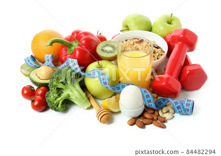 Healthy nutrition accessories isolated on white background 84482294