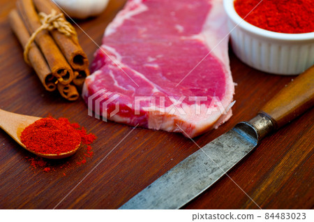 raw uncooked  ribeye beef steak butcher selection 84483023