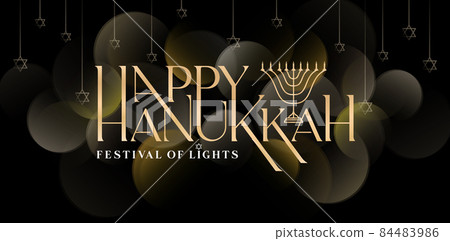 Happy Hanukkah lettering fonts golden color with isolated dark background, happy hanukkah illustration with candle light ornament, for greeting cards, invitation, poster and banners. 84483986