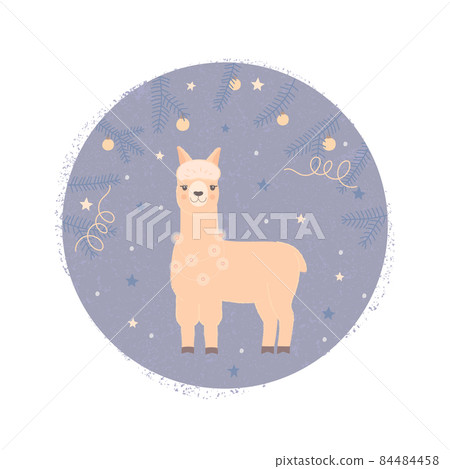 Cute llama with a garland of lights around her neck. Animal illustration for a Christmas card. 84484458