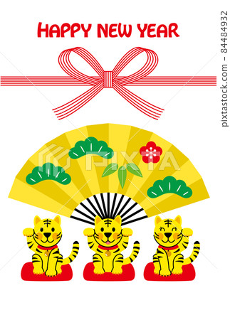 邀請老虎3個姿勢和裝飾折扇Mizuhiki新年生意興隆 邀請老虎3個姿勢和裝飾折扇Mizuhiki新年生意興隆 84484932