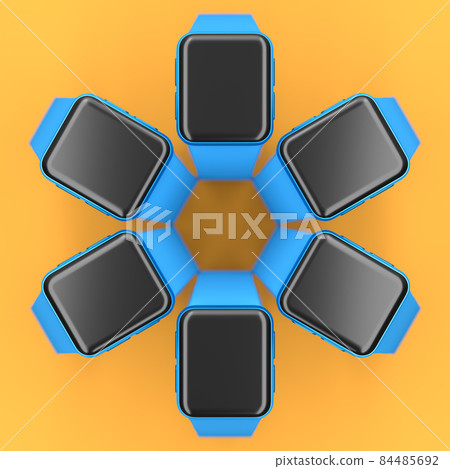 Set of smart watches or fitness tracker like flower pattern on yellow background Set of smart watches or fitness tracker like flower pattern on yellow background 84485692