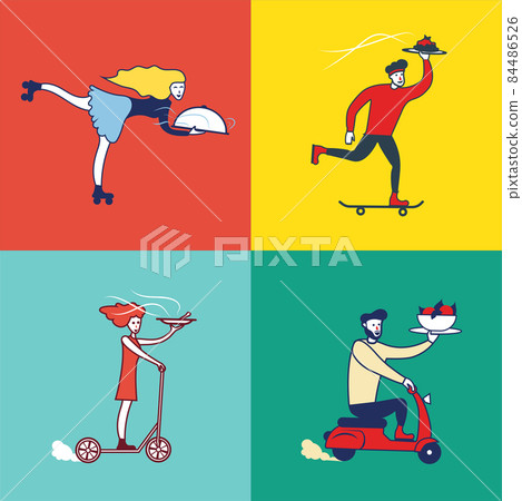 People delivering food on different means of transportation People delivering food on different means of transportation 84486526