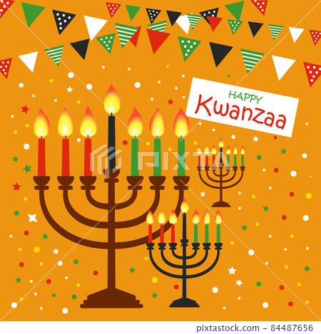 Happy Kwanzaa vector flat illustration on bright yellow background with confetti and candels. African celebration cute design card. 84487656