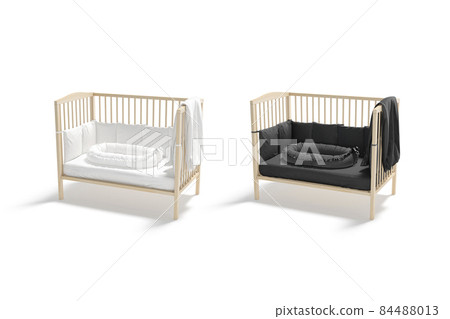 Blank wood cot with black, white crib and nest mockup Blank wood cot with black, white crib and nest mockup 84488013
