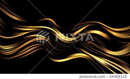 Abstract Waves. Shiny gold moving lines design element on dark background for greeting card and disqount voucher. 84488120
