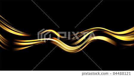Abstract Waves. Shiny gold moving lines design element on dark background for greeting card and disqount voucher. 84488121