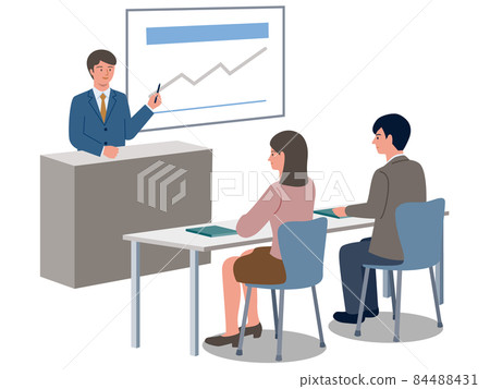 Vector illustrations of seminar lecturers and students giving lectures in front of slides Vector illustrations of seminar lecturers and students giving lectures in front of slides 84488431