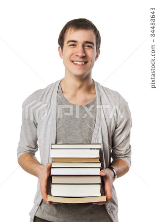 Man carrying a stack of books Man carrying a stack of books 84488643