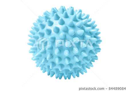 Blue plastic spiny massage ball isolated on white. Concept of physiotherapy or fitness. Closeup of a colorful rubber ball for dog teeth on a white color background. Corona virus model. 84489084