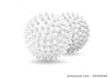 Two white spiny massage balls isolated on white. Concept of physiotherapy or fitness. Closeup of a colorful rubber ball for dog teeth on a white color background. Corona virus model. 84489086