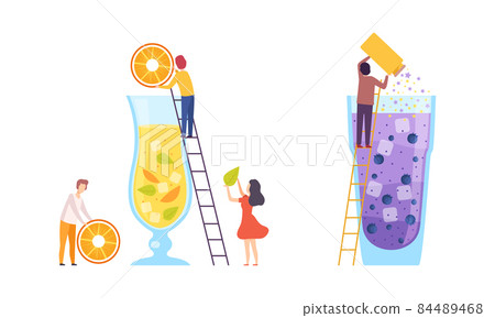 Tiny People Character Making Cocktail Putting Ingredients Into Huge Glass with Ladder Vector Set 84489468