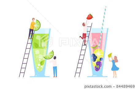 Tiny People Character Making Cocktail Putting Ingredients Into Huge Glass with Ladder Vector Set 84489469