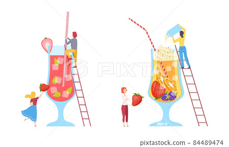 Tiny People Character Making Cocktail Putting Ingredients Into Huge Glass with Ladder Vector Set Tiny People Character Making Cocktail Putting Ingredients Into Huge Glass with Ladder Vector Set 84489474