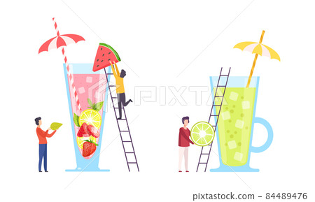 Tiny People Character Making Cocktail Putting Ingredients Into Huge Glass with Ladder Vector Set 84489476