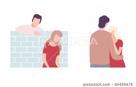 Couple Trying to Save Love and Feelings Embracing and Near Brick Wall Vector Set 84489478