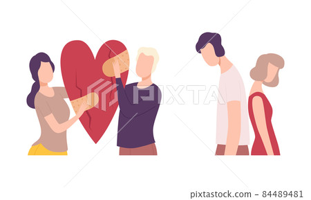 Couple Trying to Save Love and Feelings Holding Heart with Adhesive Bandage Vector Set 84489481