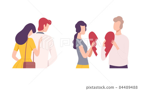 Couple Trying to Save Love and Feelings Holding Two Parts of Heart Vector Set 84489488