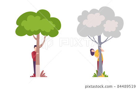 Man and Woman Character Standing Behind Tree Trunk Peeking and Looking Vector Set 84489519