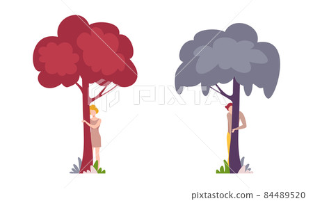 Man and Woman Character Standing Behind Tree Trunk Peeking and Looking Vector Set 84489520