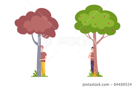 Man Character Standing Behind Tree Trunk Peeking and Looking Vector Set Man Character Standing Behind Tree Trunk Peeking and Looking Vector Set 84489524