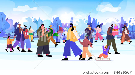 people with children walking in urban park christmas new year holidays celebration concept winter landscape people with children walking in urban park christmas new year holidays celebration concept winter landscape 84489567